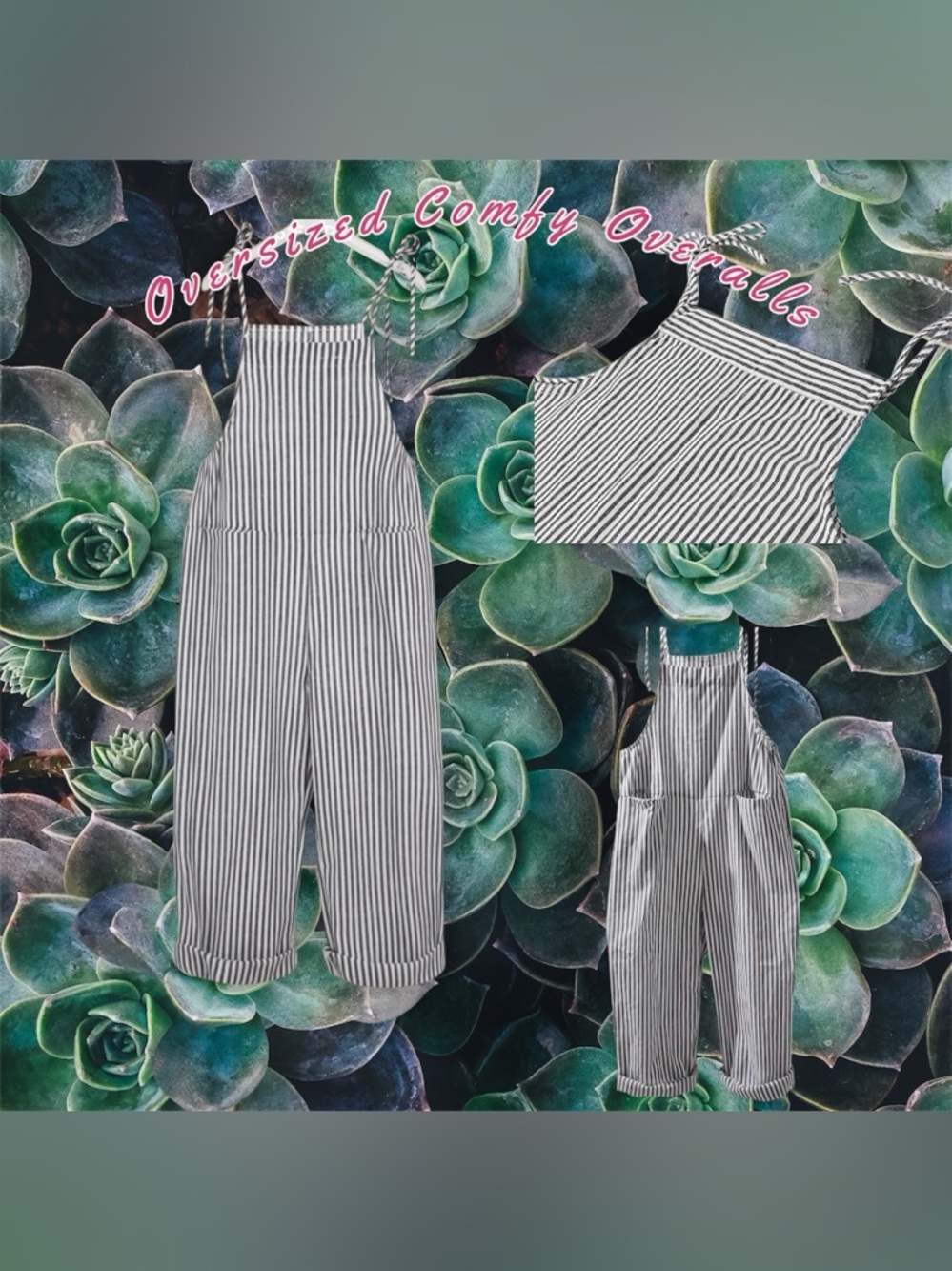Womens  Striped Overall Jumpsuits Relaxed Fit Baggy Adj Straps Bib Wide Leg L